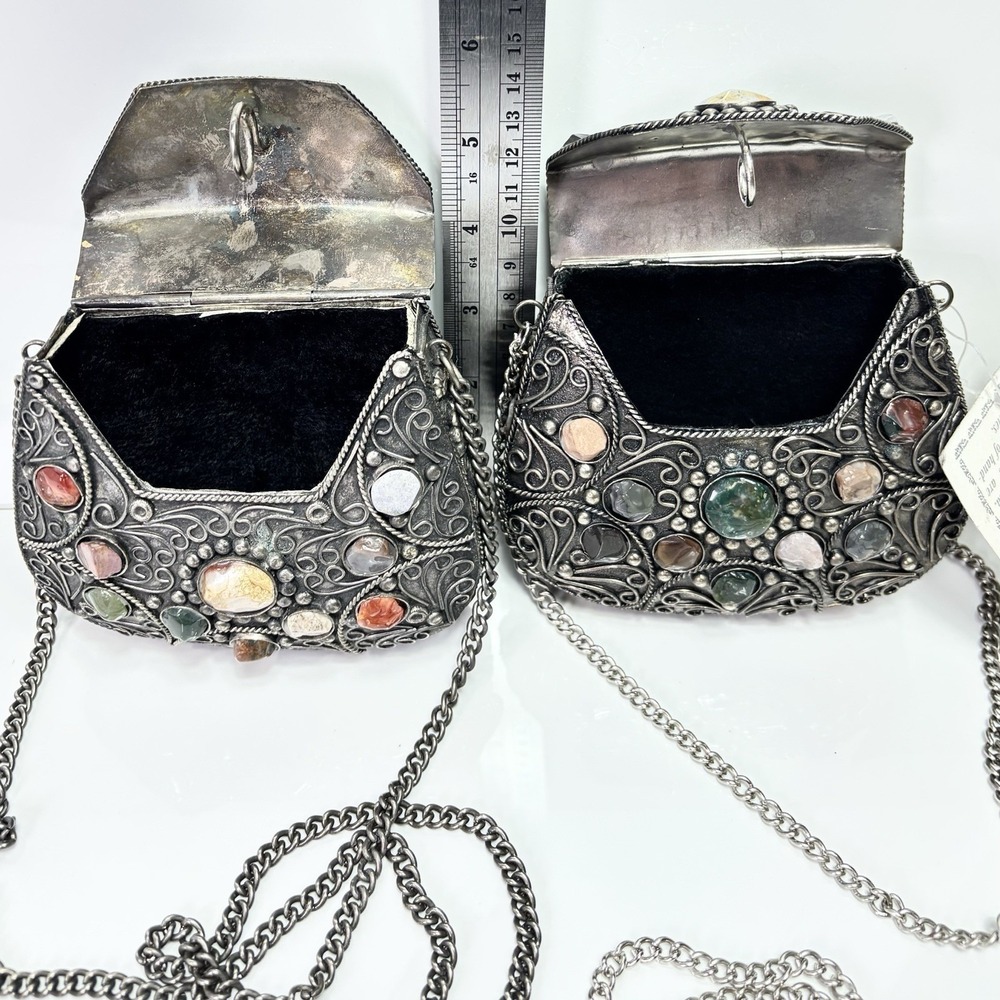 Silver Metal Purse Set 1lb 7oz Sajai Bag - Agate Stones Cocktail 1 NWT + 1 NWOT - Picture 7 of 12